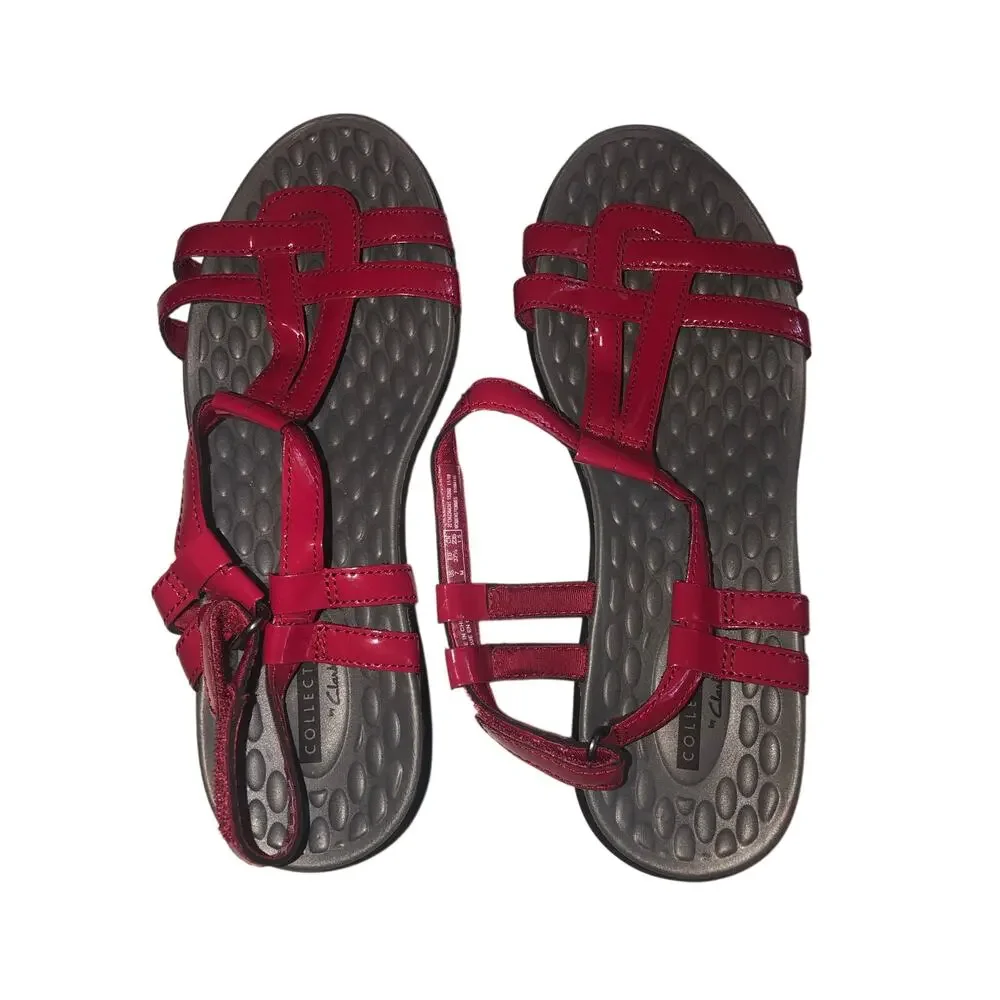 Clarks Collection Sandals Size 7 Red Patent Sonar Aster T Strap Shoes Summer